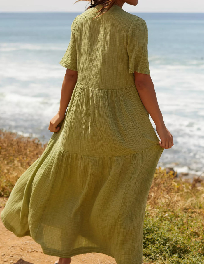 R.Vivimos Womens Summer Cotton Flowy Maxi Dress Short Sleeve V Neck Empire Waist Boho Tiered Ruffle Casual Loose Long Dresses