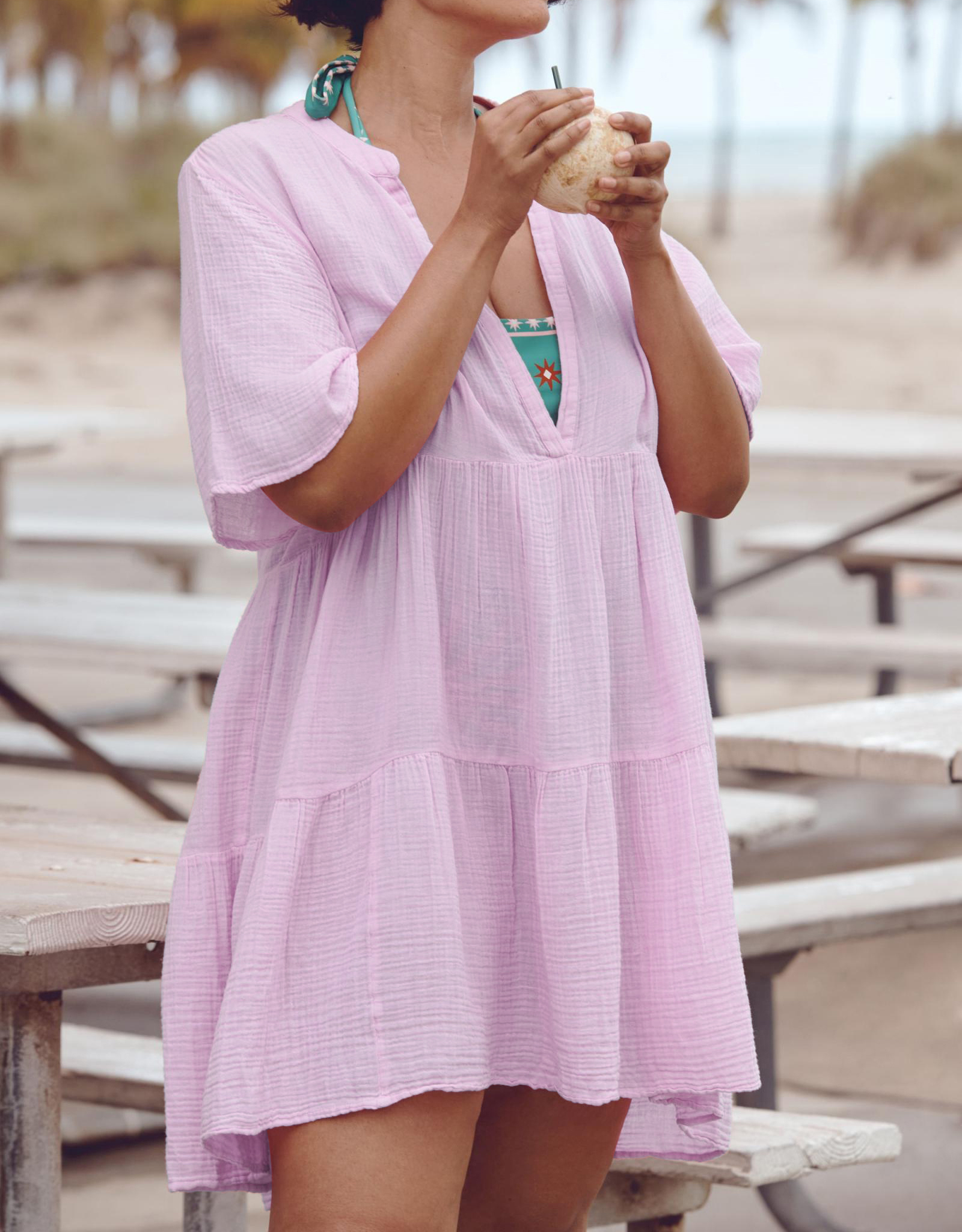 R.Vivimos Womens Summer Cotton Flowy Mini Dress V Neck Short Sleeve Boho Ruffle Tiered Casual Loose Tunic Dress4