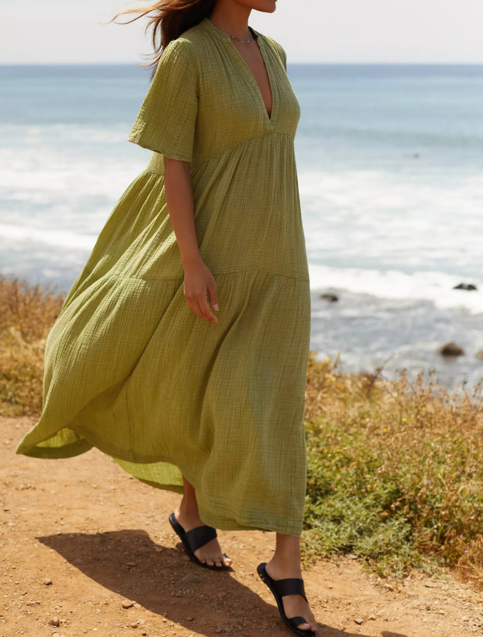 R.Vivimos Womens Summer Cotton Flowy Maxi Dress Short Sleeve V Neck Empire Waist Boho Tiered Ruffle Casual Loose Long Dresses
