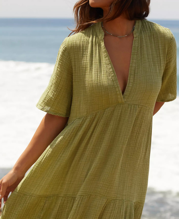 R.Vivimos Womens Summer Cotton Flowy Maxi Dress Short Sleeve V Neck Empire Waist Boho Tiered Ruffle Casual Loose Long Dresses