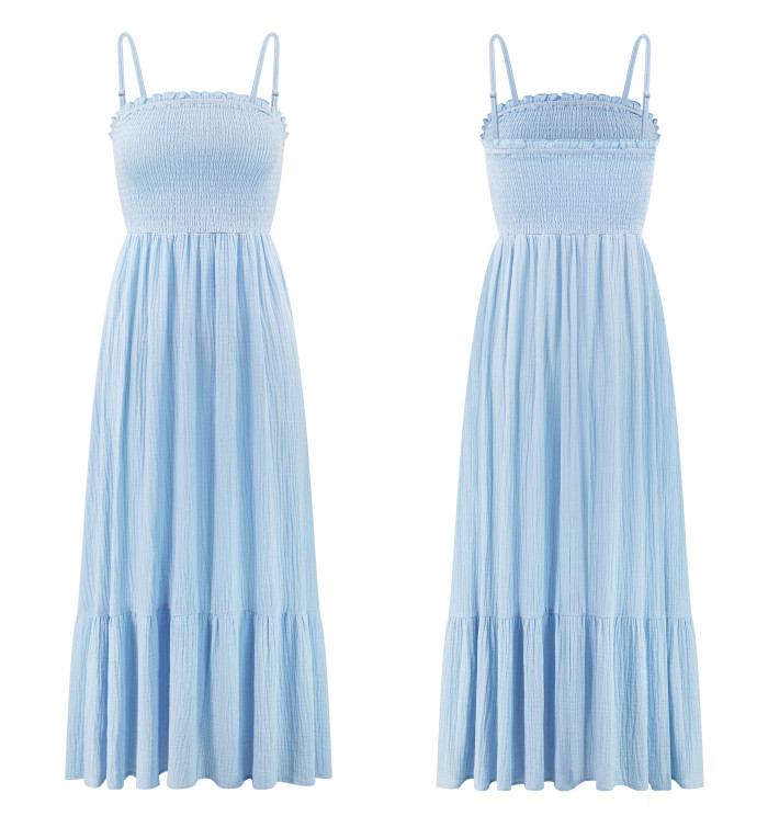 R.Vivimos Womens Summer Boho Cotton Maxi Dress Adjustable Spaghetti Strap Elastic Smocked Casual Ruffle Hem Flowy Beach Dress