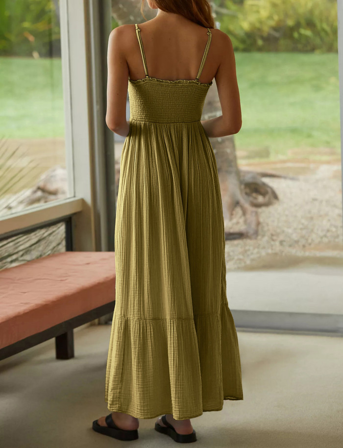 R.Vivimos Womens Summer Boho Cotton Maxi Dress Adjustable Spaghetti Strap Elastic Smocked Casual Ruffle Hem Flowy Beach Dress