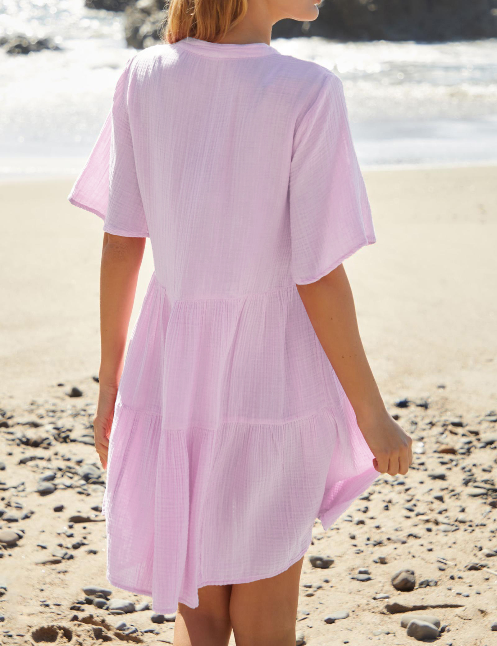 R.Vivimos Womens Summer Cotton Flowy Mini Dress V Neck Short Sleeve Boho Ruffle Tiered Casual Loose Tunic Dress2