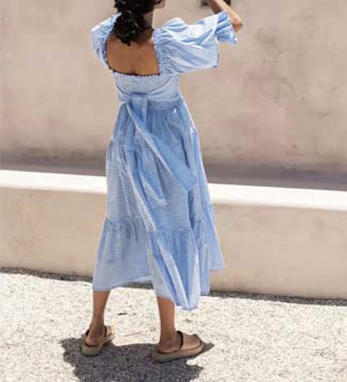 R.Vivimos Women's Summer Cotton Plaid Puff Sleeves Bow Casual Off-Shoulder Boho Midi Dress