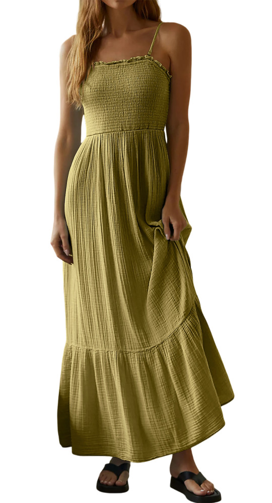 R.Vivimos Womens Summer Boho Cotton Maxi Dress Adjustable Spaghetti Strap Elastic Smocked Casual Ruffle Hem Flowy Beach Dress