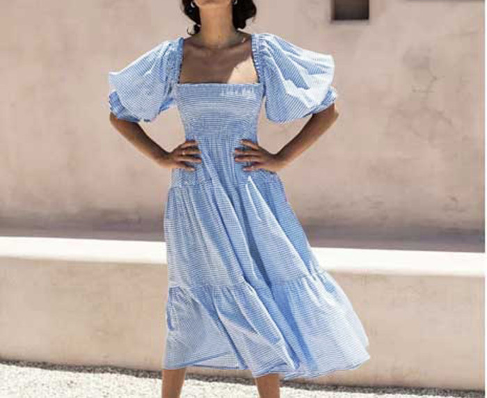 R.Vivimos Women's Summer Cotton Plaid Puff Sleeves Bow Casual Off-Shoulder Boho Midi Dress