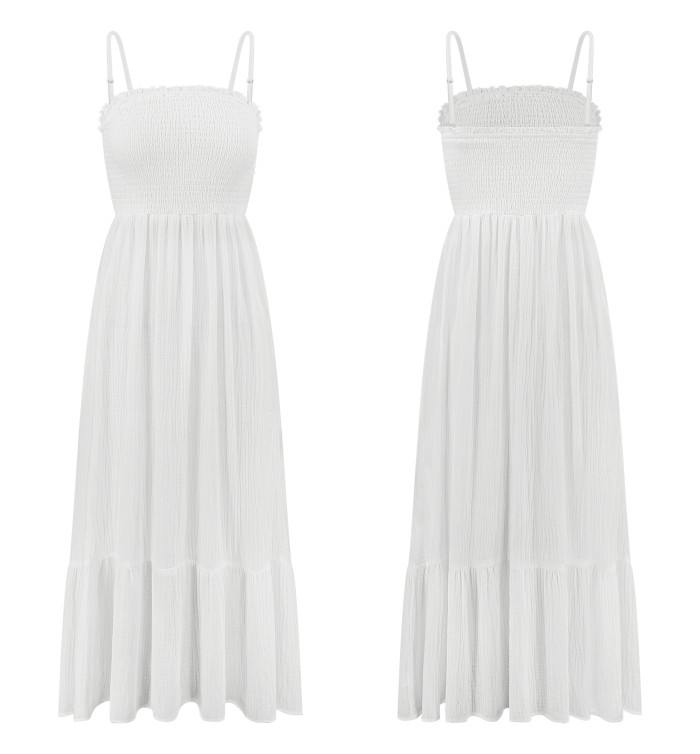 R.Vivimos Womens Summer Boho Cotton Maxi Dress Adjustable Spaghetti Strap Elastic Smocked Casual Ruffle Hem Flowy Beach Dress