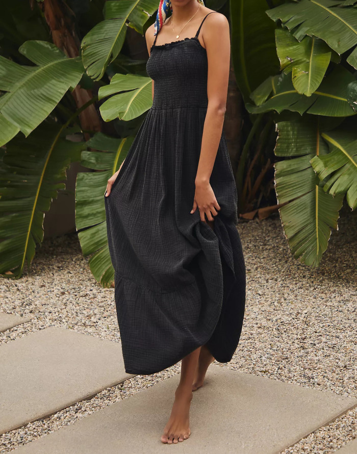 R.Vivimos Womens Summer Boho Cotton Maxi Dress Adjustable Spaghetti Strap Elastic Smocked Casual Ruffle Hem Flowy Beach Dress