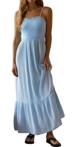 R.Vivimos Womens Summer Boho Cotton Maxi Dress Adjustable Spaghetti Strap Elastic Smocked Casual Ruffle Hem Flowy Beach Dress