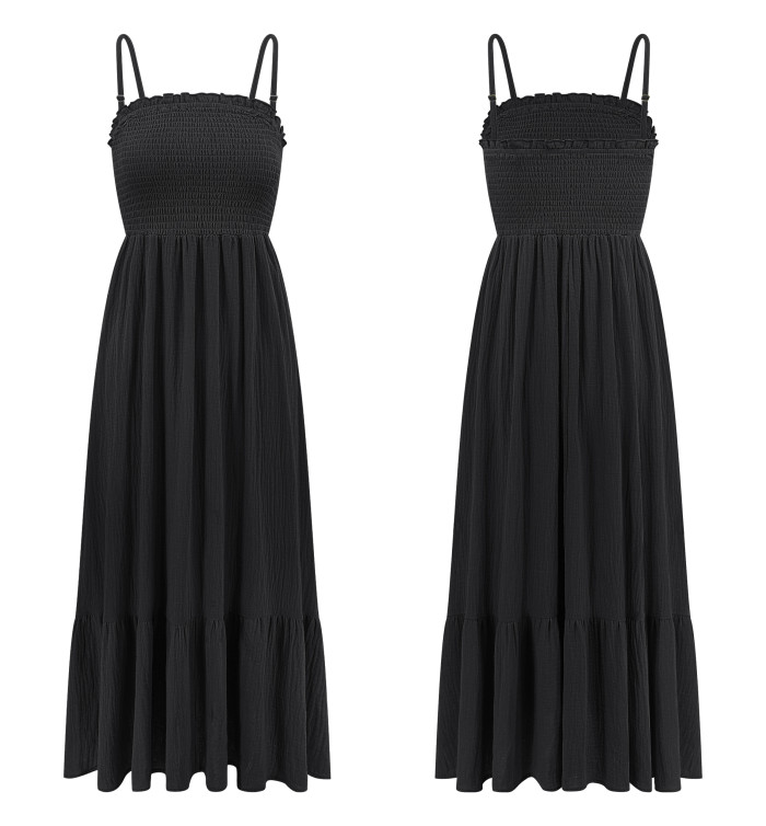 R.Vivimos Womens Summer Boho Cotton Maxi Dress Adjustable Spaghetti Strap Elastic Smocked Casual Ruffle Hem Flowy Beach Dress