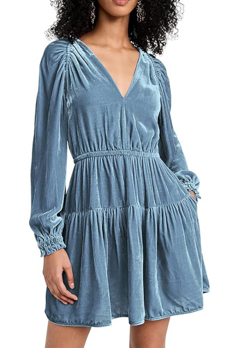 R.Vivimos Womens Fall Velvet Mini Dress V Neck Long Sleeve Elastic Waist Winter Tiered Flowy Swing A-Line Dress with Pockets