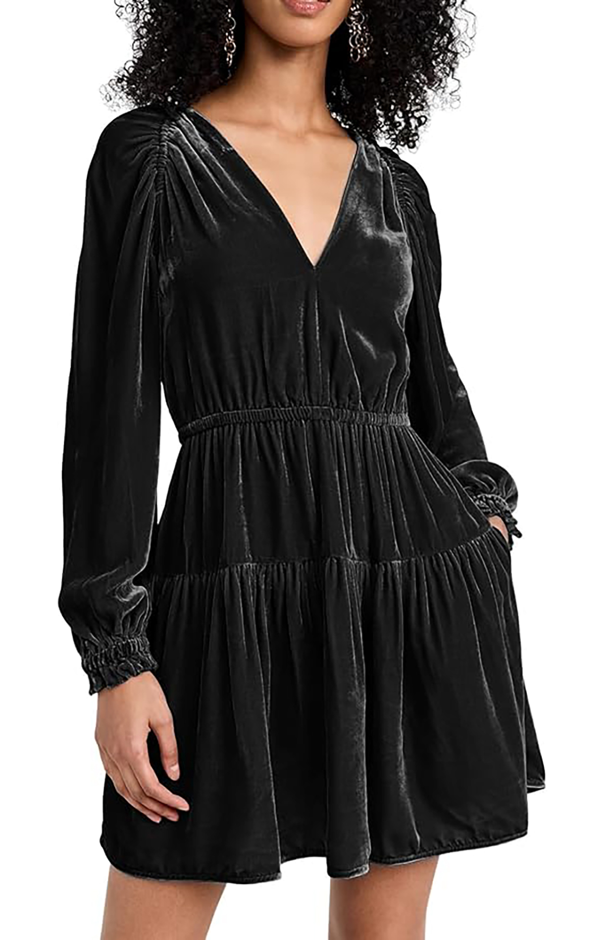 R.Vivimos Womens Fall Velvet Mini Dress V Neck Long Sleeve Elastic Waist Winter Tiered Flowy Swing A-Line Dress with Pockets