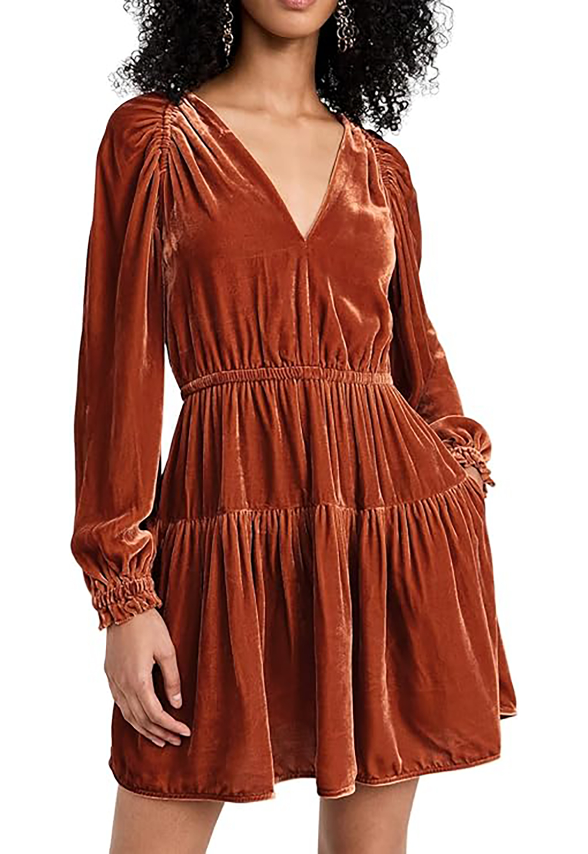 R.Vivimos Womens Fall Velvet Mini Dress V Neck Long Sleeve Elastic Waist Winter Tiered Flowy Swing A-Line Dress with Pockets4