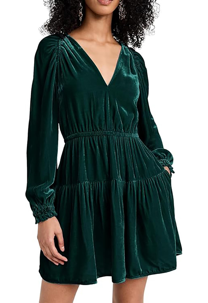 R.Vivimos Womens Fall Velvet Mini Dress V Neck Long Sleeve Elastic Waist Winter Tiered Flowy Swing A-Line Dress with Pockets