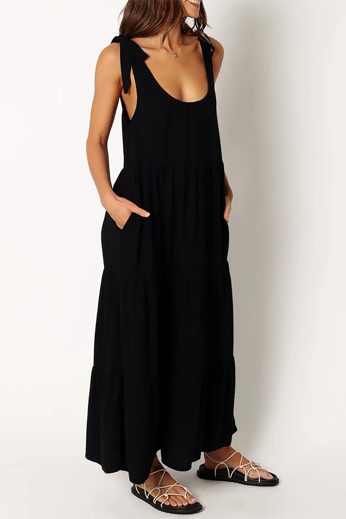 R.Vivimos Women's Summer Casual Beach Midi Dress Cotton Linen Sleeveless Adjustable Straps Tiered Flowy Dresses with Pockets2