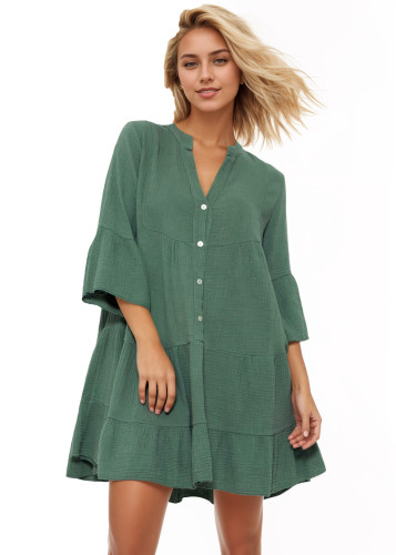 R.Vivimos Cotton Dresses for Women Summer V Neck 3/4 Flare Sleeve Button Front Casual Loose Tiered Mini Dress
