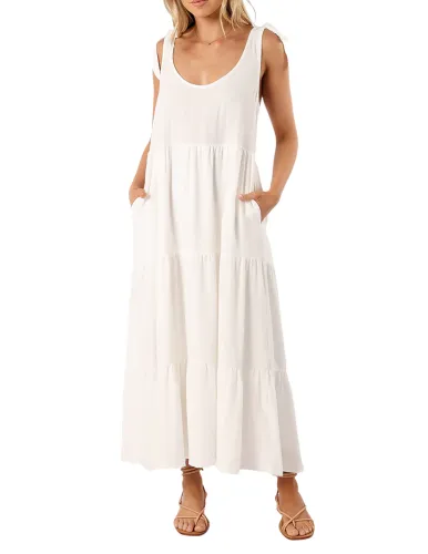 R.Vivimos Women's Summer Casual Beach Midi Dress Cotton Linen Sleeveless Adjustable Straps Tiered Flowy Dresses with Pockets