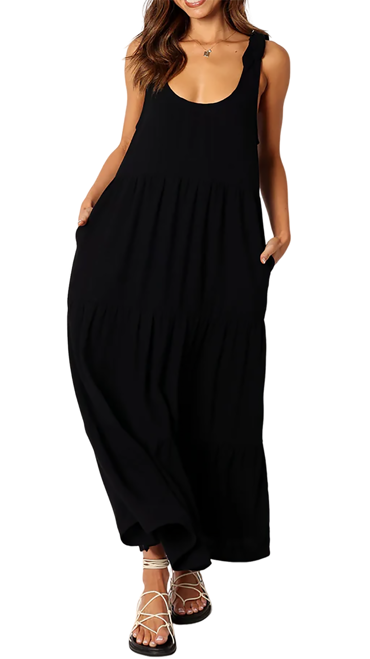 R.Vivimos Women's Summer Casual Beach Midi Dress Cotton Linen Sleeveless Adjustable Straps Tiered Flowy Dresses with Pockets