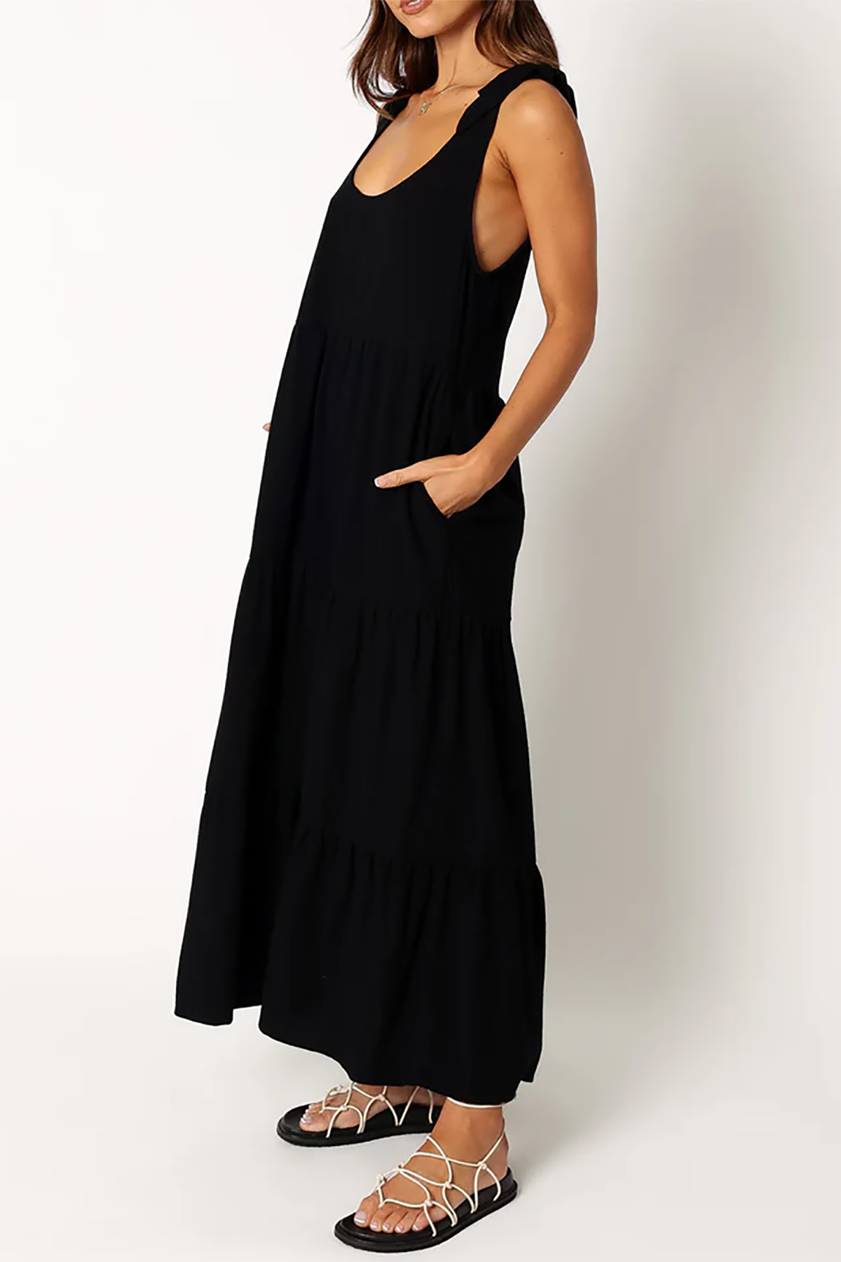 R.Vivimos Women's Summer Casual Beach Midi Dress Cotton Linen Sleeveless Adjustable Straps Tiered Flowy Dresses with Pockets4