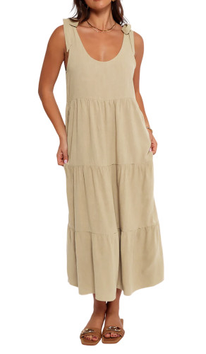 R.Vivimos Women's Summer Casual Beach Midi Dress Cotton Linen Sleeveless Adjustable Straps Tiered Flowy Dresses with Pockets