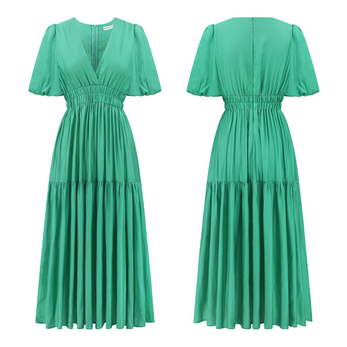 R.Vivimos Summer Dresses for Women 2024 Puff Sleeve Deep V Neck Elastic Waist Casual A Line Tiered Flowy Midi Dress