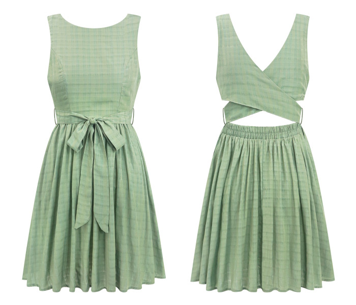 R.Vivimos Womens Summer Sleeveless Back Cross Wrap Lace Up Slim Fit Backless A-Line Mini Skater Dress with Pockets