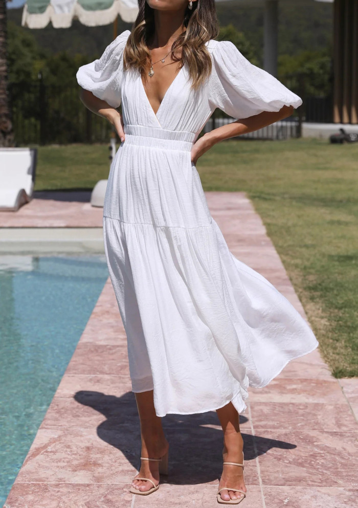R.Vivimos Summer Dresses for Women 2024 Puff Sleeve Deep V Neck Elastic Waist Casual A Line Tiered Flowy Midi Dress