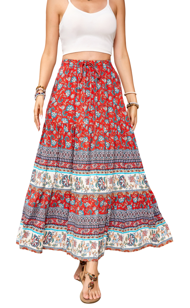 R.Vivimos Womens Summer Cotton Vintage Floral Print Boho Casual Long Skirt