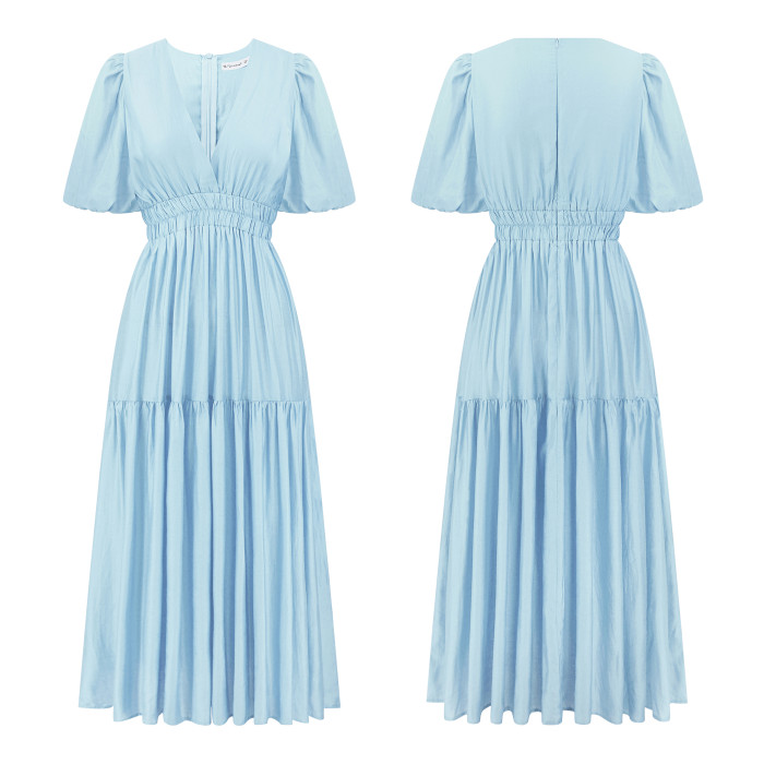 R.Vivimos Summer Dresses for Women 2024 Puff Sleeve Deep V Neck Elastic Waist Casual A Line Tiered Flowy Midi Dress