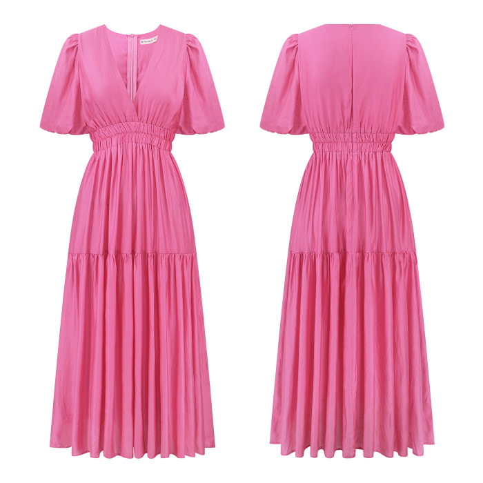 R.Vivimos Summer Dresses for Women 2024 Puff Sleeve Deep V Neck Elastic Waist Casual A Line Tiered Flowy Midi Dress