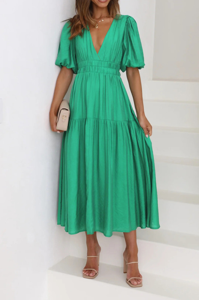 R.Vivimos Summer Dresses for Women 2024 Puff Sleeve Deep V Neck Elastic Waist Casual A Line Tiered Flowy Midi Dress