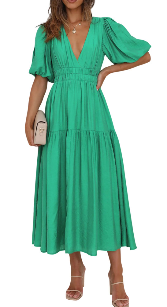 R.Vivimos Summer Dresses for Women 2024 Puff Sleeve Deep V Neck Elastic Waist Casual A Line Tiered Flowy Midi Dress