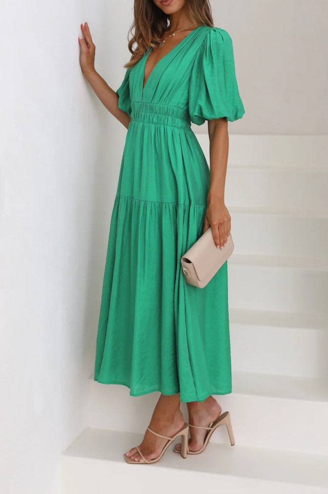 R.Vivimos Summer Dresses for Women 2024 Puff Sleeve Deep V Neck Elastic Waist Casual A Line Tiered Flowy Midi Dress