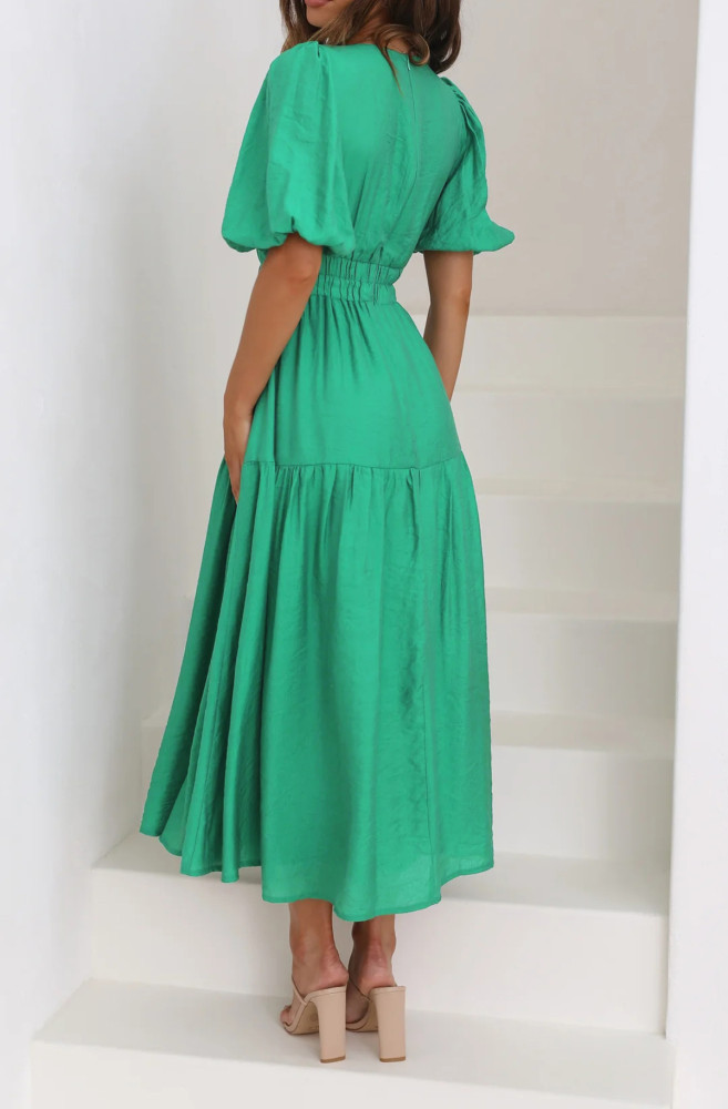 R.Vivimos Summer Dresses for Women 2024 Puff Sleeve Deep V Neck Elastic Waist Casual A Line Tiered Flowy Midi Dress