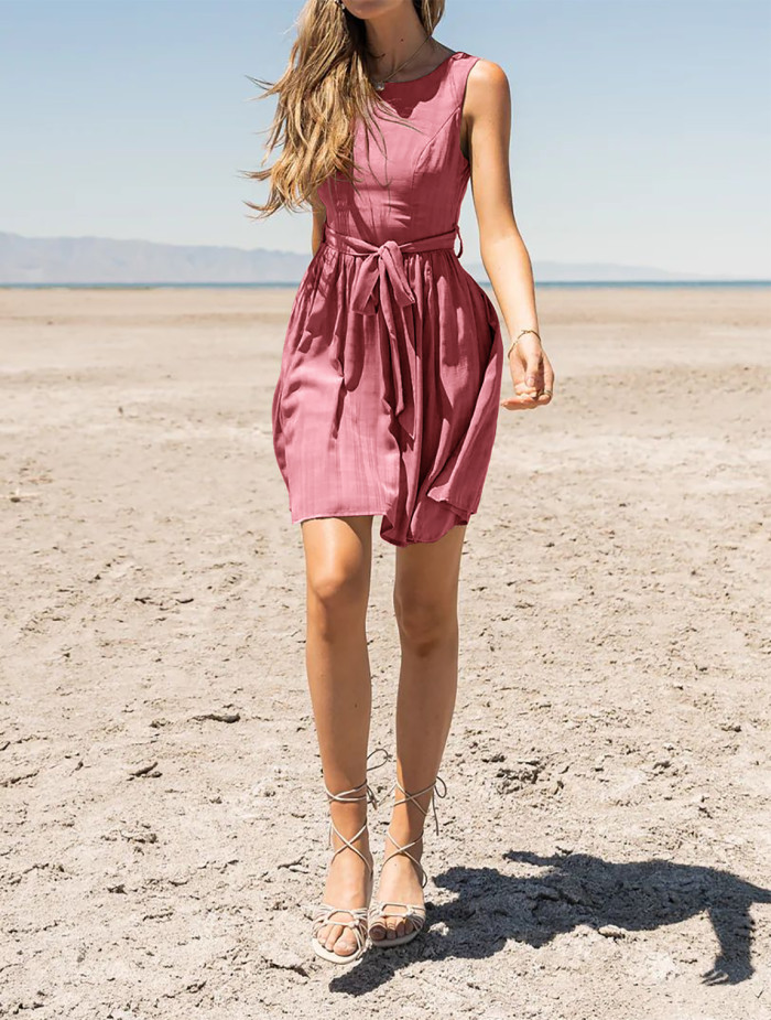 R.Vivimos Womens Summer Sleeveless Back Cross Wrap Lace Up Slim Fit Backless A-Line Mini Skater Dress with Pockets