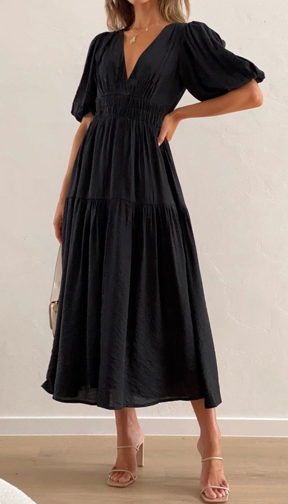 R.Vivimos Summer Dresses for Women 2024 Puff Sleeve Deep V Neck Elastic Waist Casual A Line Tiered Flowy Midi Dress