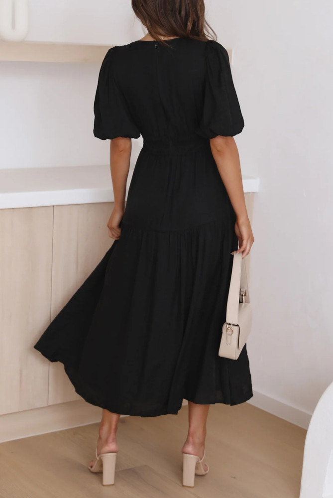 R.Vivimos Summer Dresses for Women 2024 Puff Sleeve Deep V Neck Elastic Waist Casual A Line Tiered Flowy Midi Dress