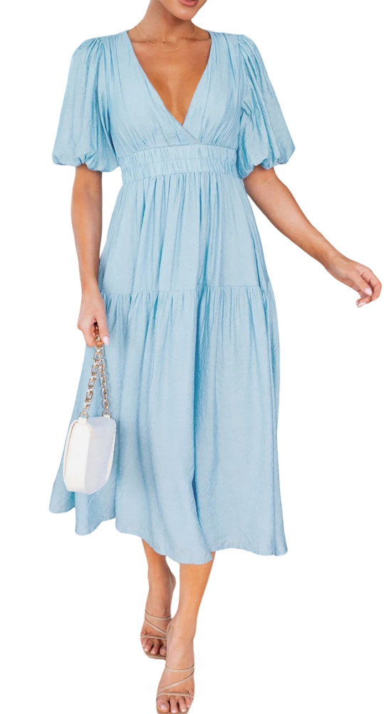 R.Vivimos Summer Dresses for Women 2024 Puff Sleeve Deep V Neck Elastic Waist Casual A Line Tiered Flowy Midi Dress