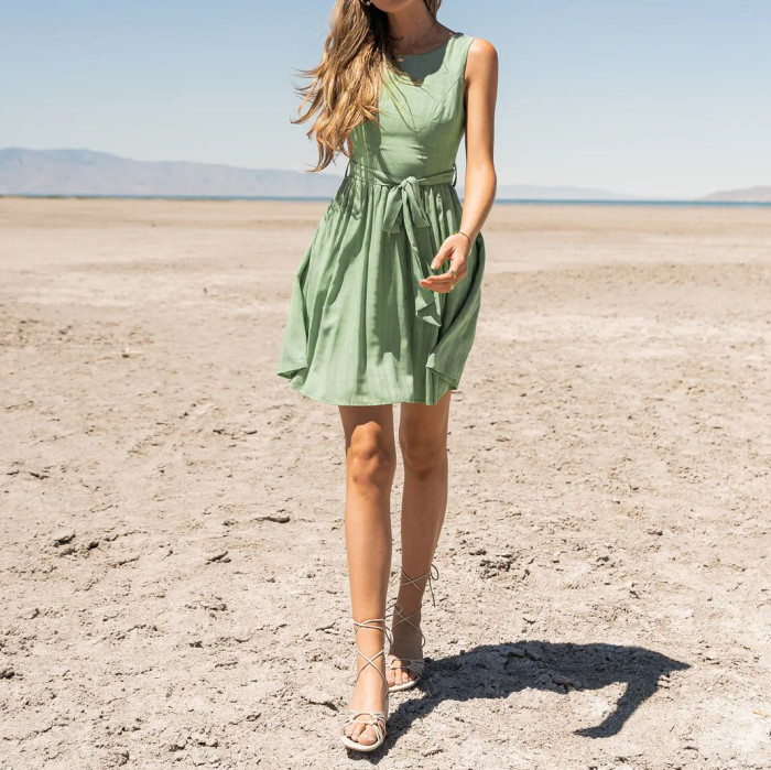 R.Vivimos Womens Summer Sleeveless Back Cross Wrap Lace Up Slim Fit Backless A-Line Mini Skater Dress with Pockets