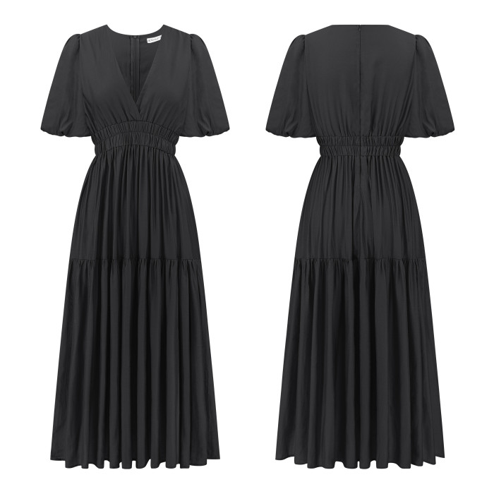 R.Vivimos Summer Dresses for Women 2024 Puff Sleeve Deep V Neck Elastic Waist Casual A Line Tiered Flowy Midi Dress