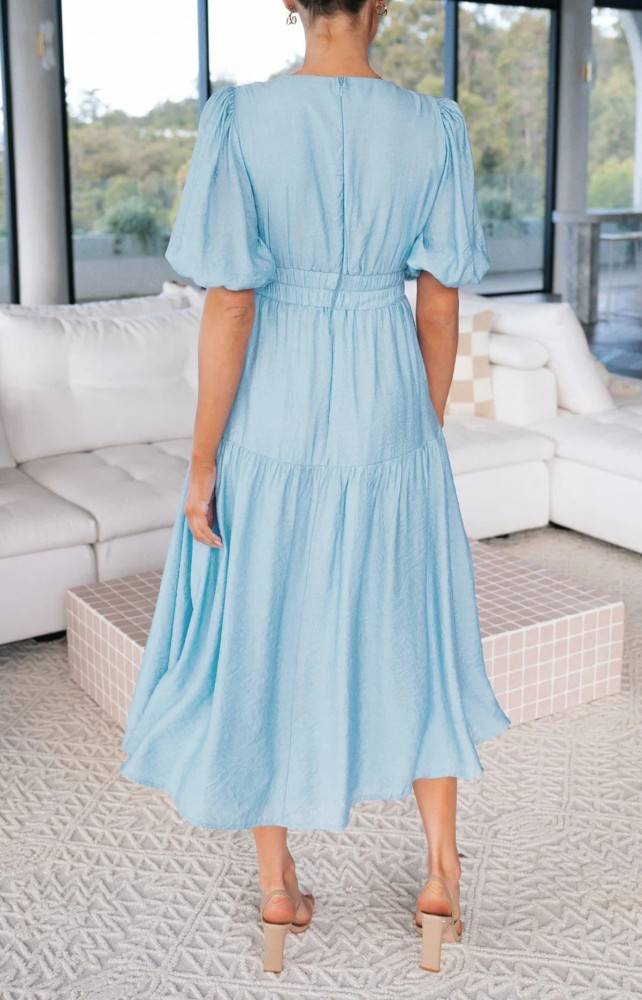 R.Vivimos Summer Dresses for Women 2024 Puff Sleeve Deep V Neck Elastic Waist Casual A Line Tiered Flowy Midi Dress