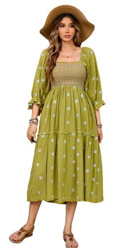 R.Vivimos Women's Long Sleeve Cotton Boho Midi Dress Vintage Square Neck Floral Embroidered Tiered Ruffle Flowy Pockets Dress