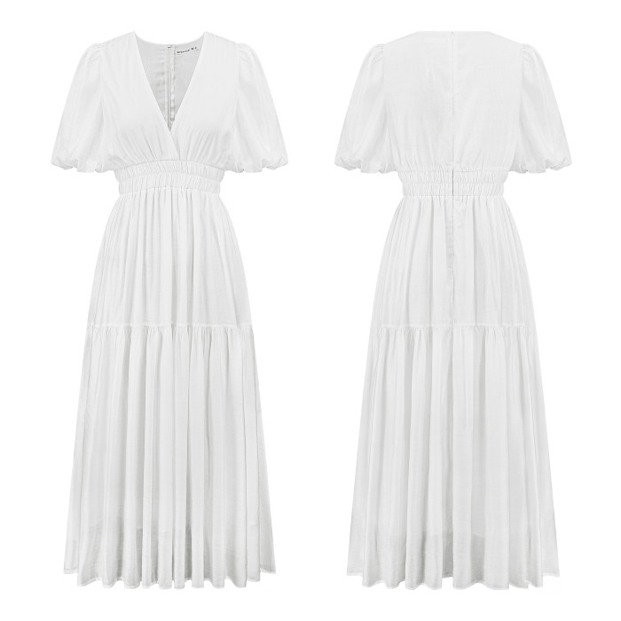 R.Vivimos Summer Dresses for Women 2024 Puff Sleeve Deep V Neck Elastic Waist Casual A Line Tiered Flowy Midi Dress