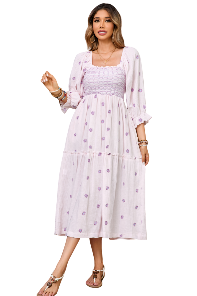 R.Vivimos Women's Long Sleeve Cotton Boho Midi Dress Vintage Square Neck Floral Embroidered Tiered Ruffle Flowy Pockets Dress