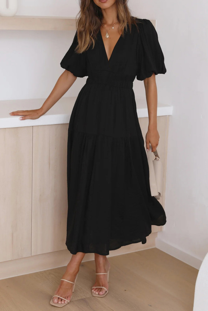 R.Vivimos Summer Dresses for Women 2024 Puff Sleeve Deep V Neck Elastic Waist Casual A Line Tiered Flowy Midi Dress