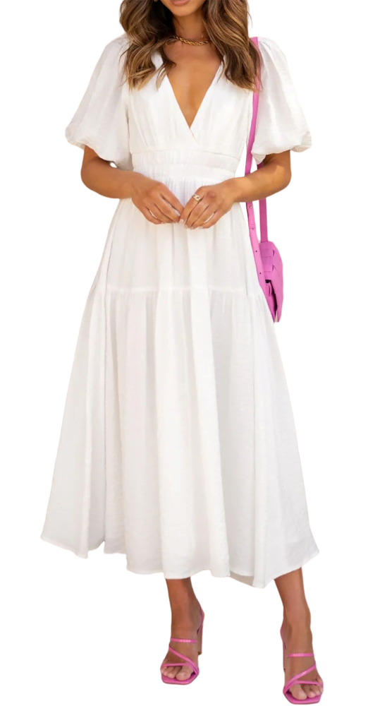 R.Vivimos Summer Dresses for Women 2024 Puff Sleeve Deep V Neck Elastic Waist Casual A Line Tiered Flowy Midi Dress