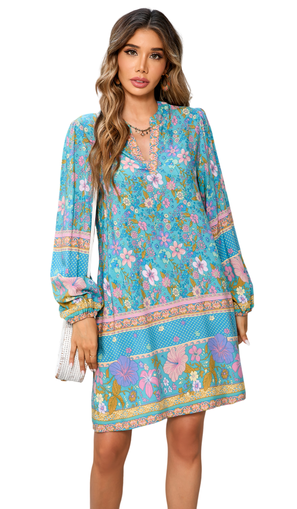 R.Vivimos Women's Long Sleeve Boho Tunic Dress V Neck Floral Print Casual Loose Patchwork Hem Mini Dress