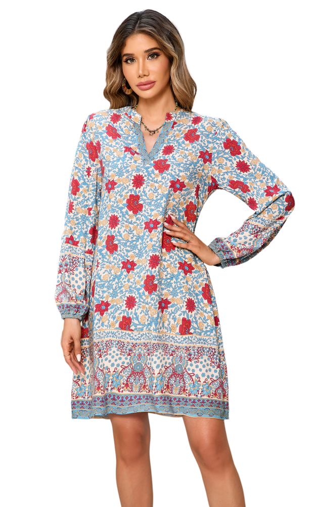 R.Vivimos Women's Long Sleeve Boho Tunic Dress V Neck Floral Print Casual Loose Patchwork Hem Mini Dress