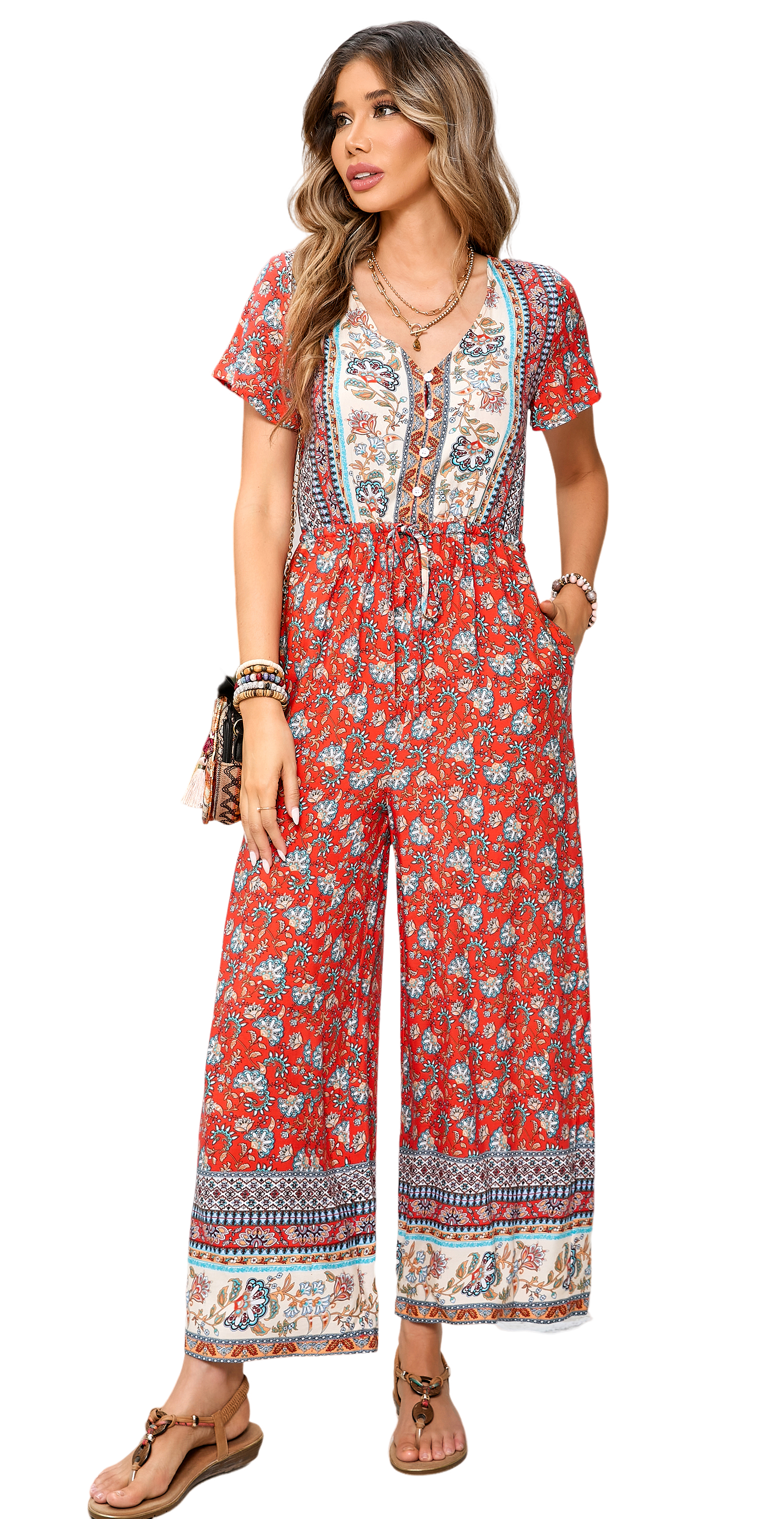 R.Vivimos One Piece Jumpsuits for Women Summer Boho Floral Print Short Sleeve V Neck Drawstring Waist Wide Leg Long Rompers