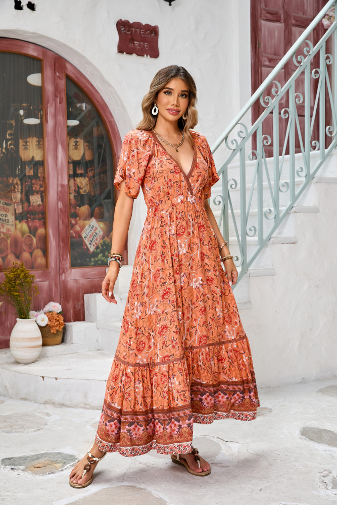R.Vivimos Women's Summer V Neck Maxi Dress Boho Floral Print Short Sleeve Elastic Waist Ruffle Patchwork A-Line Beach Dress